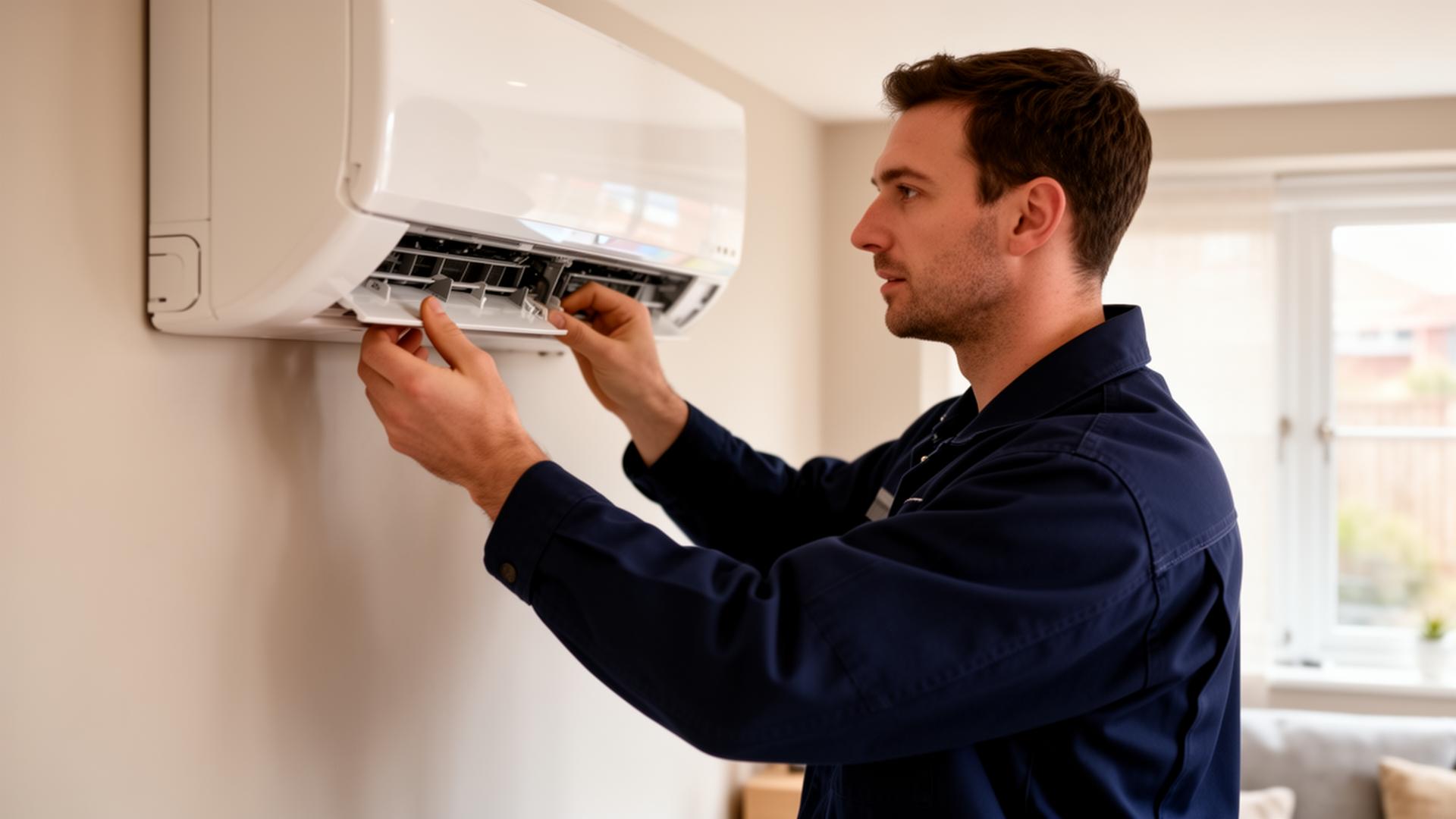 UK HVAC engineer installing air conditioning